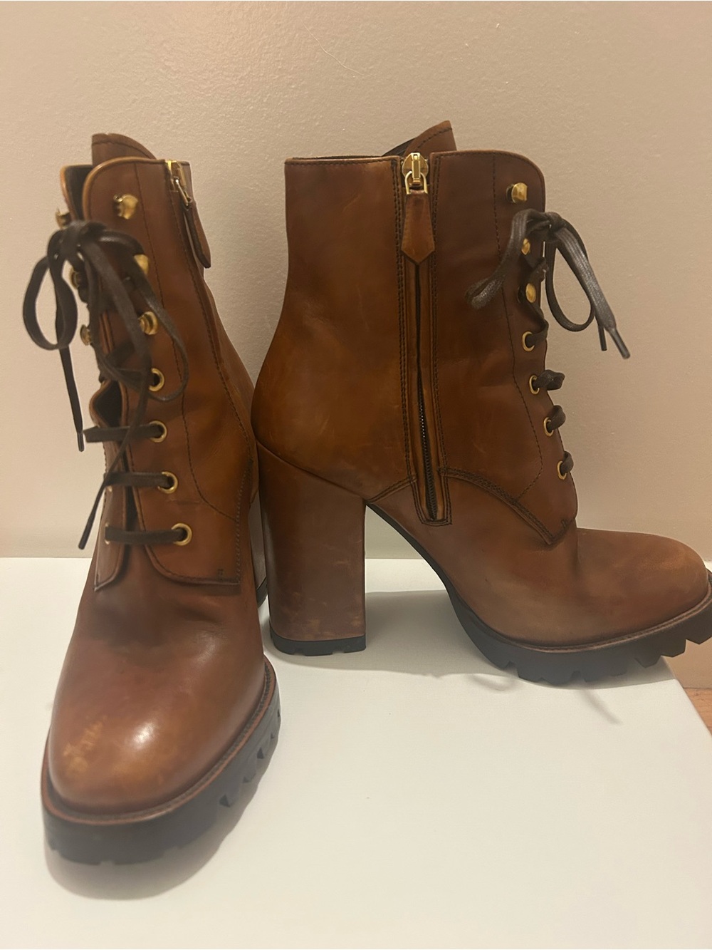 Prada Brown Leather Lace-Up Block Heel Boots - Picture 3 of 6